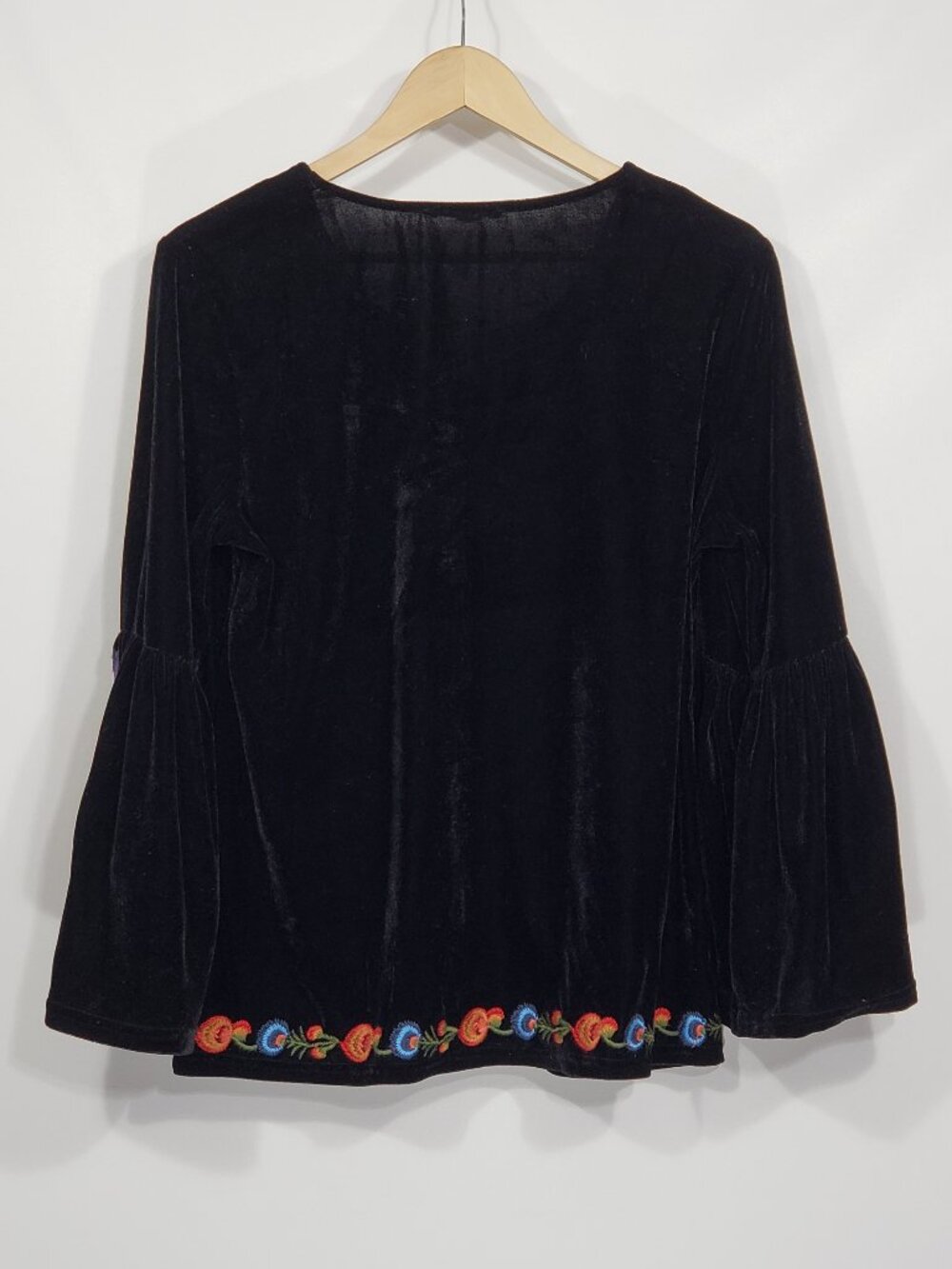 Solitaire Burnout Black Velvet Embroidered Blouse Bell Sleeves Cottage Boho - Picture 2 of 6